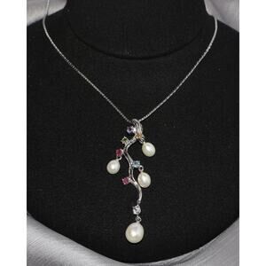 WH Sterling Silver Multicolor Stones & Pearl Necklace 7.83G / 20-22in